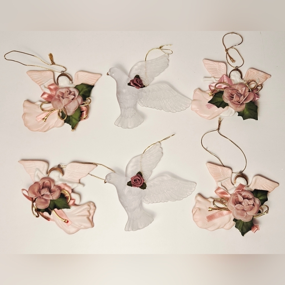 Vintage Angel & Dove Ornament Set Pink Roses Gold Accents Shabby Chic
